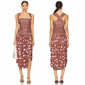 Free People NWT Raylon Midi Drop Waist Polka Dot Dress Chocolate Combo Medium